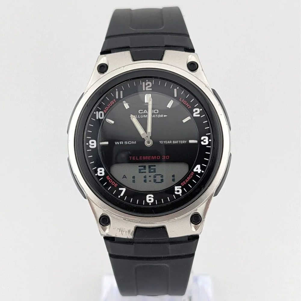 Casio AW-80 Telememo 30 Analog Digital‎ World Time Watch Black Resin